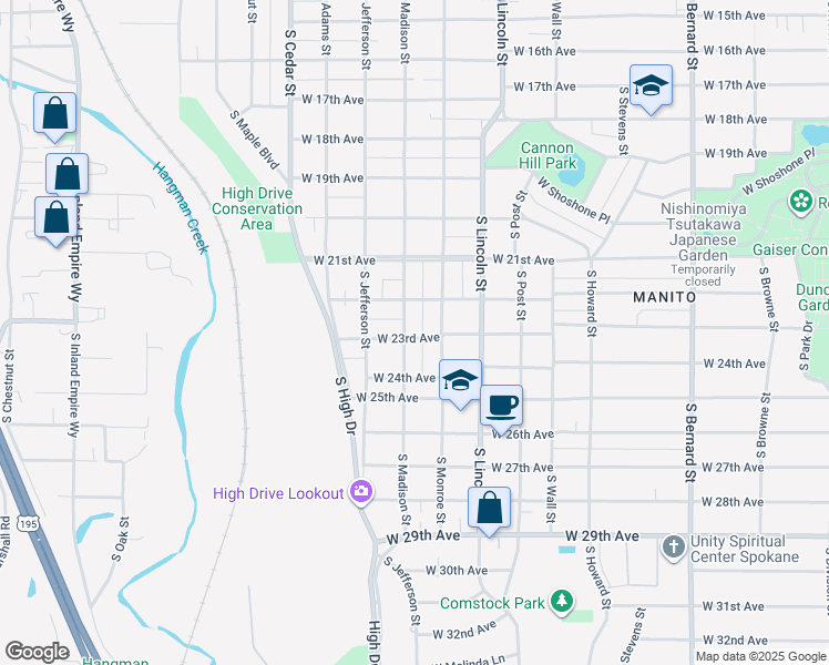 map of restaurants, bars, coffee shops, grocery stores, and more near 2211 South Madison Street in Spokane
