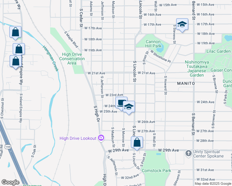 map of restaurants, bars, coffee shops, grocery stores, and more near 2225 South Madison Street in Spokane