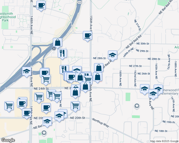 map of restaurants, bars, coffee shops, grocery stores, and more near 2651 156th Avenue Northeast in Redmond