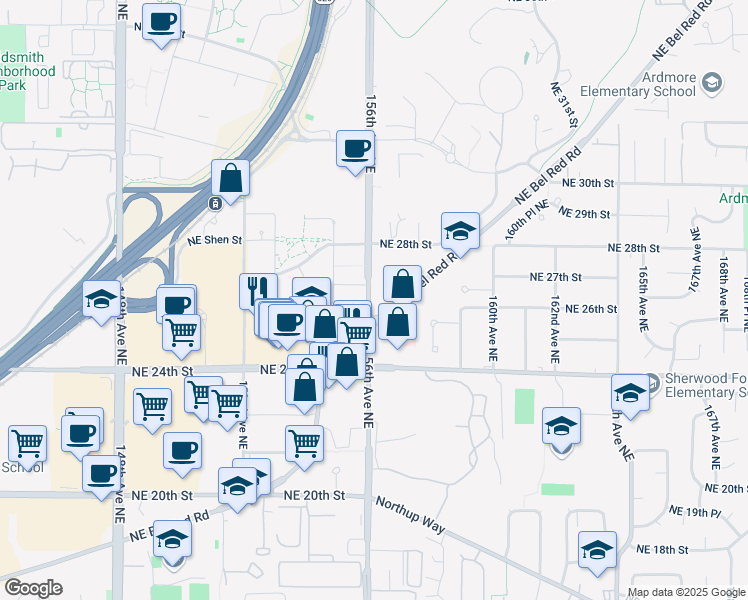 map of restaurants, bars, coffee shops, grocery stores, and more near 2700 156th Avenue Northeast in Bellevue