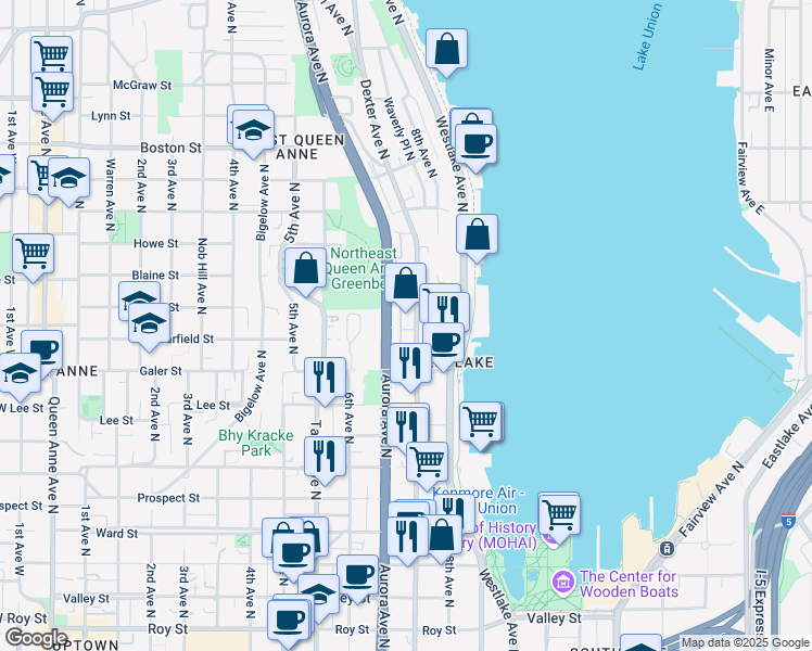 map of restaurants, bars, coffee shops, grocery stores, and more near 1616 Aurora Avenue North in Seattle
