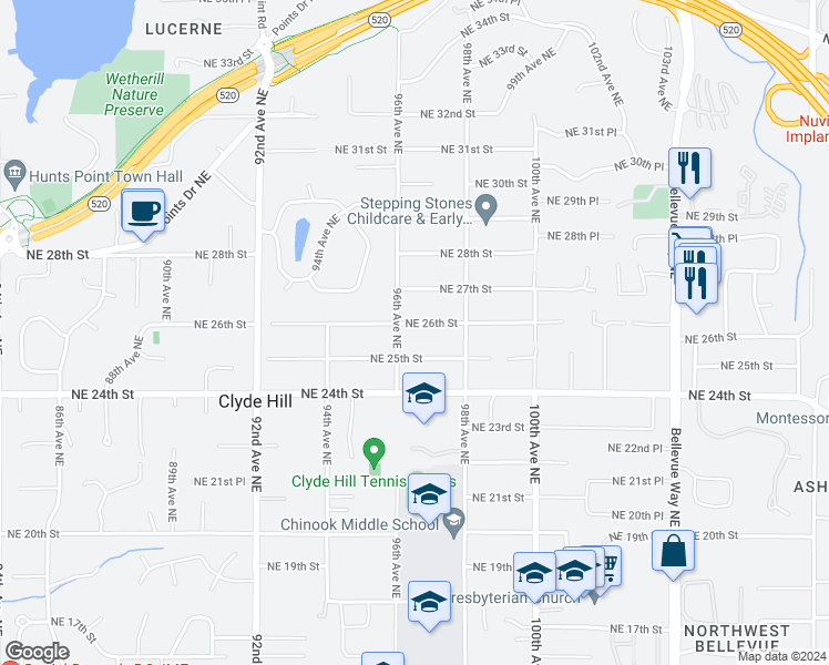 map of restaurants, bars, coffee shops, grocery stores, and more near 9615 Northeast 26th Street in Clyde Hill