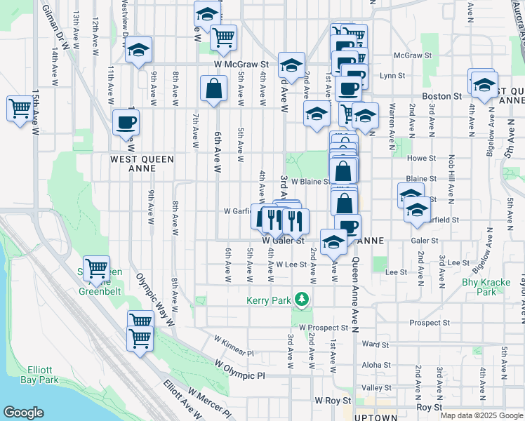 map of restaurants, bars, coffee shops, grocery stores, and more near 400 West Garfield Street in Seattle