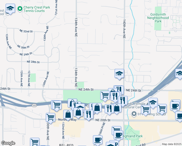 map of restaurants, bars, coffee shops, grocery stores, and more near 13431 Northeast 27th Street in Bellevue