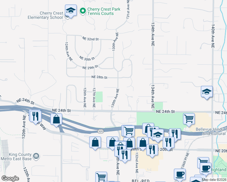 map of restaurants, bars, coffee shops, grocery stores, and more near 12928 Northeast 26th Place in Bellevue