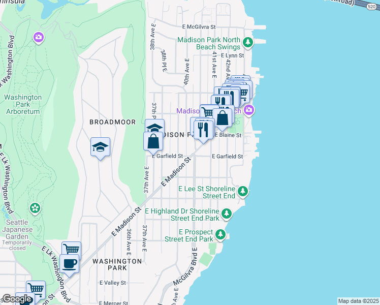 map of restaurants, bars, coffee shops, grocery stores, and more near 1613 McGilvra Boulevard East in Seattle