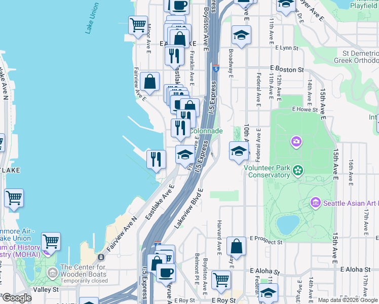 map of restaurants, bars, coffee shops, grocery stores, and more near 200 East Garfield Street in Seattle