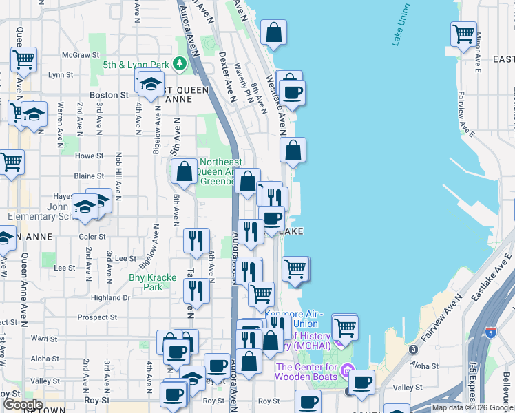 map of restaurants, bars, coffee shops, grocery stores, and more near 762 Hayes Street in Seattle