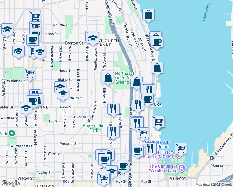 map of restaurants, bars, coffee shops, grocery stores, and more near 1623 Taylor Avenue North in Seattle