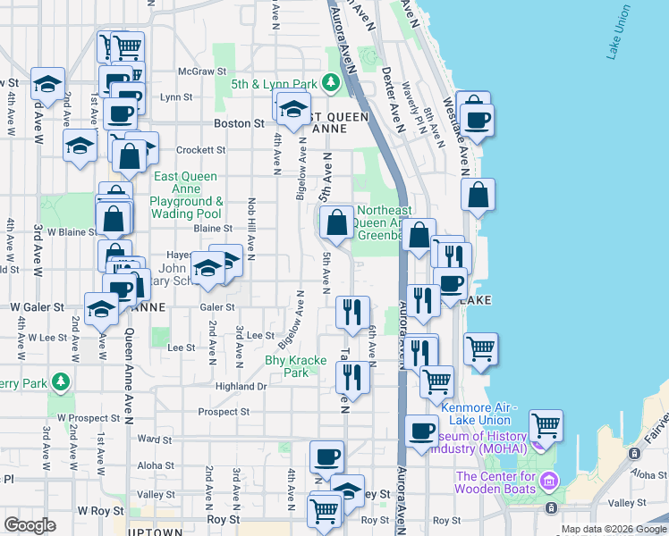 map of restaurants, bars, coffee shops, grocery stores, and more near 1623 5th Avenue North in Seattle