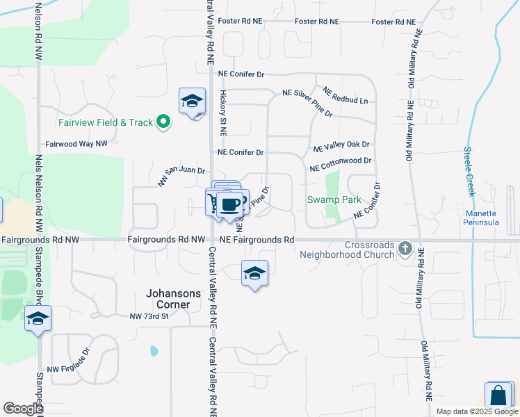 map of restaurants, bars, coffee shops, grocery stores, and more near 20-38 Northeast Silver Pine Drive in Bremerton
