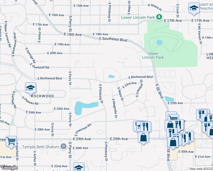 map of restaurants, bars, coffee shops, grocery stores, and more near 1800 East Rockwood Boulevard in Spokane