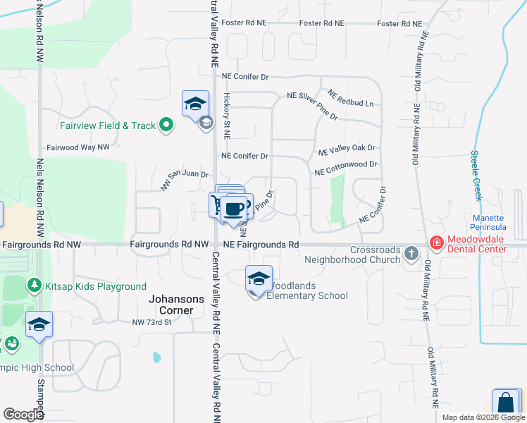 map of restaurants, bars, coffee shops, grocery stores, and more near 20-38 Northeast Silver Pine Drive in Bremerton