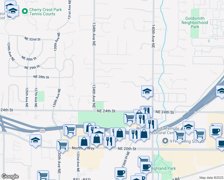 map of restaurants, bars, coffee shops, grocery stores, and more near 13431 Northeast 27th Street in Bellevue