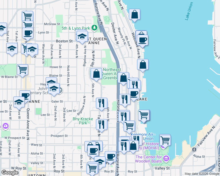 map of restaurants, bars, coffee shops, grocery stores, and more near 600 Galer Street in Seattle