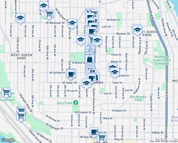 map of restaurants, bars, coffee shops, grocery stores, and more near 10 West Garfield Street in Seattle