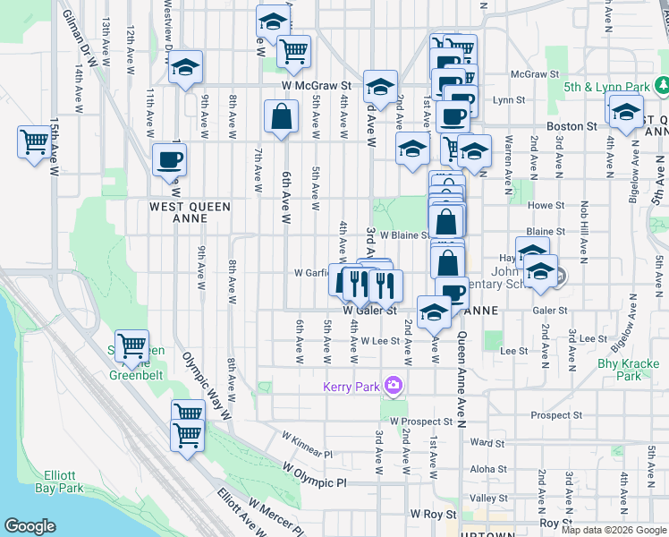 map of restaurants, bars, coffee shops, grocery stores, and more near 1615 4th Avenue West in Seattle