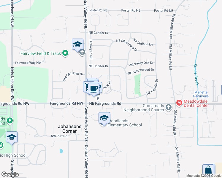 map of restaurants, bars, coffee shops, grocery stores, and more near 262 Weatherstone Lane Northeast in Bremerton