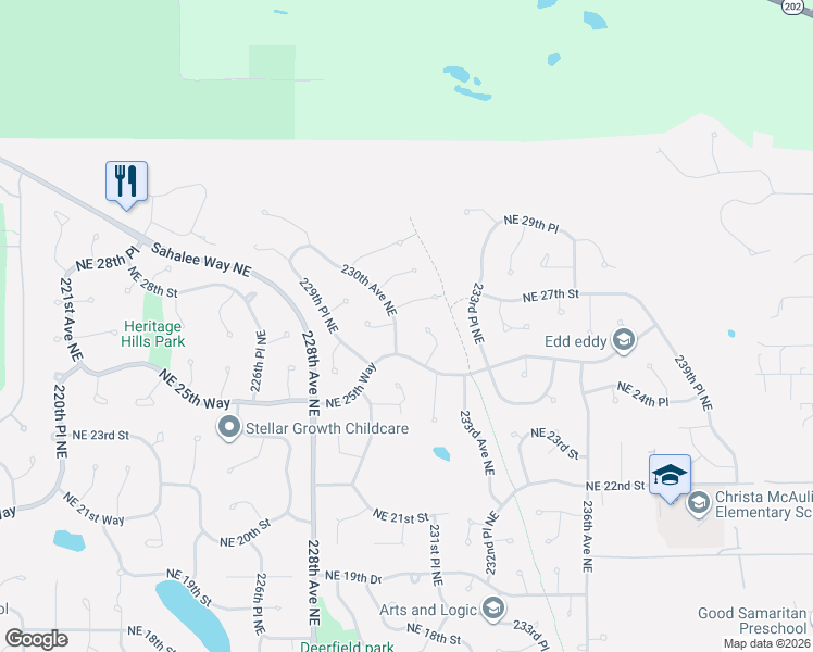 map of restaurants, bars, coffee shops, grocery stores, and more near 2603 230th Avenue Northeast in Sammamish
