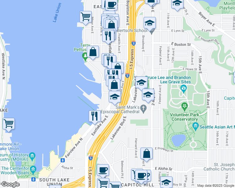 map of restaurants, bars, coffee shops, grocery stores, and more near 201-299 East Garfield Street in Seattle