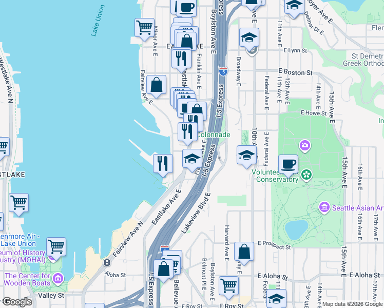 map of restaurants, bars, coffee shops, grocery stores, and more near 201-299 East Garfield Street in Seattle