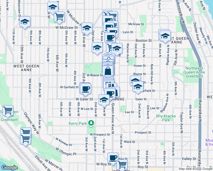 map of restaurants, bars, coffee shops, grocery stores, and more near 1612 1st Avenue West in Seattle