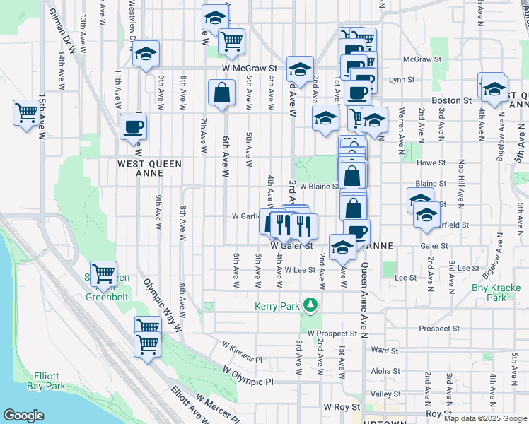 map of restaurants, bars, coffee shops, grocery stores, and more near 1615 4th Avenue West in Seattle