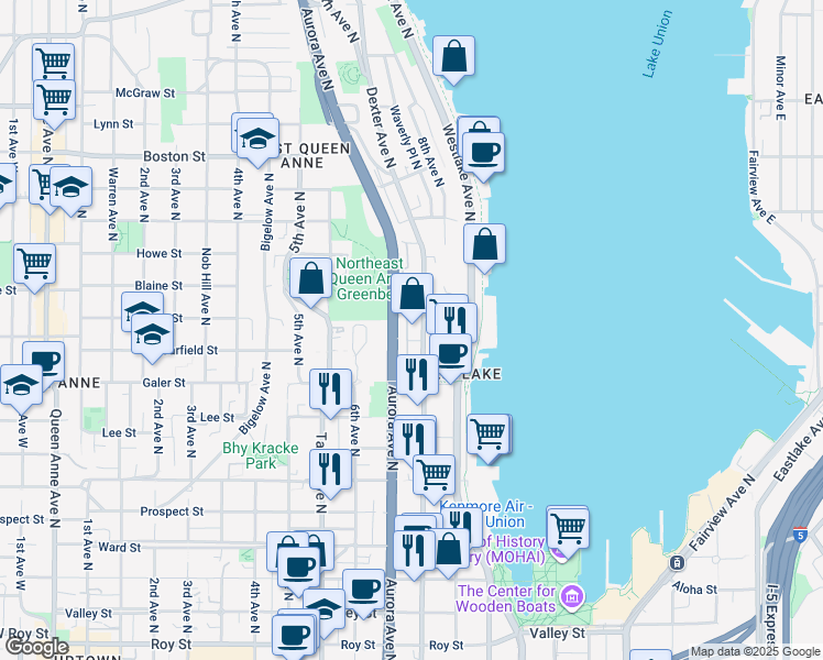 map of restaurants, bars, coffee shops, grocery stores, and more near 1616 Aurora Avenue North in Seattle