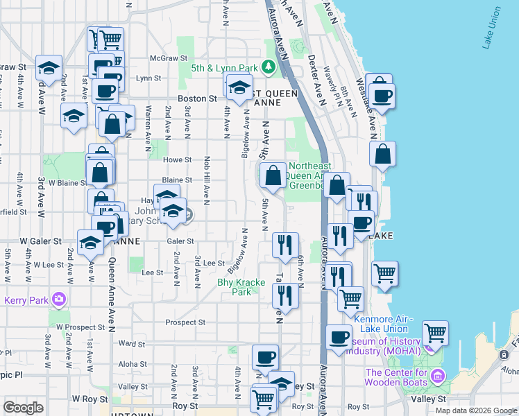 map of restaurants, bars, coffee shops, grocery stores, and more near 1623 5th Avenue North in Seattle