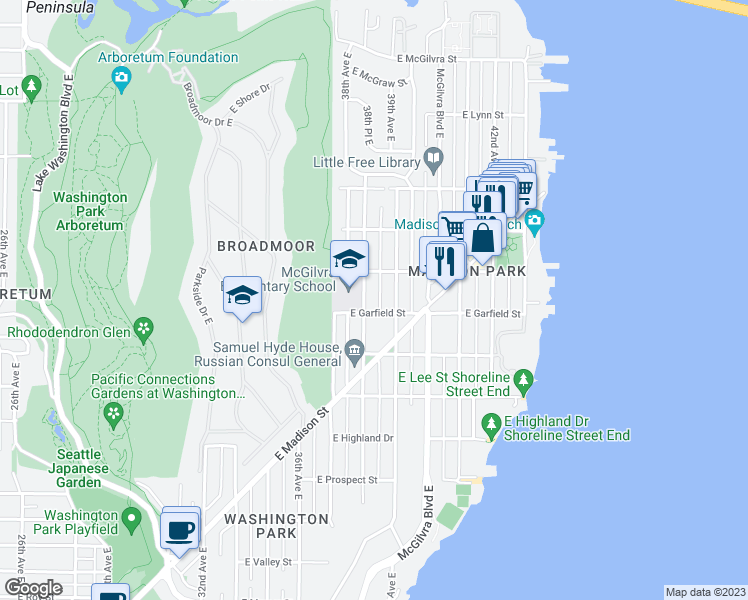 map of restaurants, bars, coffee shops, grocery stores, and more near in Seattle