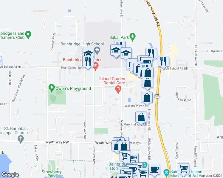 map of restaurants, bars, coffee shops, grocery stores, and more near 125 Ihland Way Northwest in Bainbridge Island