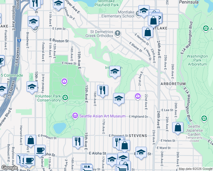 map of restaurants, bars, coffee shops, grocery stores, and more near 1621 East Garfield Street in Seattle