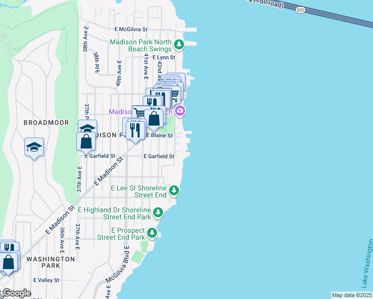 map of restaurants, bars, coffee shops, grocery stores, and more near 1620 43rd Avenue East in Seattle