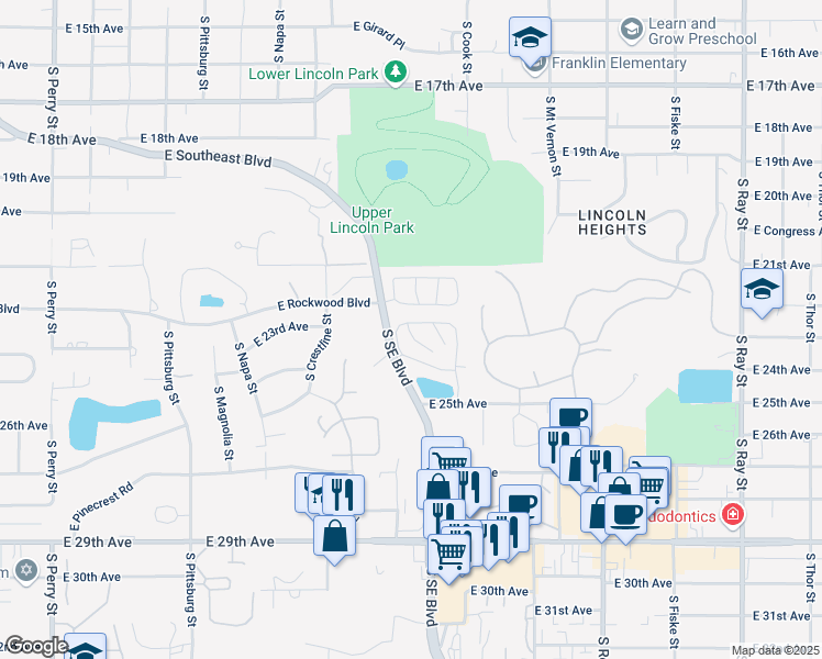map of restaurants, bars, coffee shops, grocery stores, and more near 2215 South Southeast Boulevard in Spokane