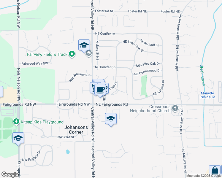 map of restaurants, bars, coffee shops, grocery stores, and more near 38 Northeast Silver Pine Drive in Bremerton