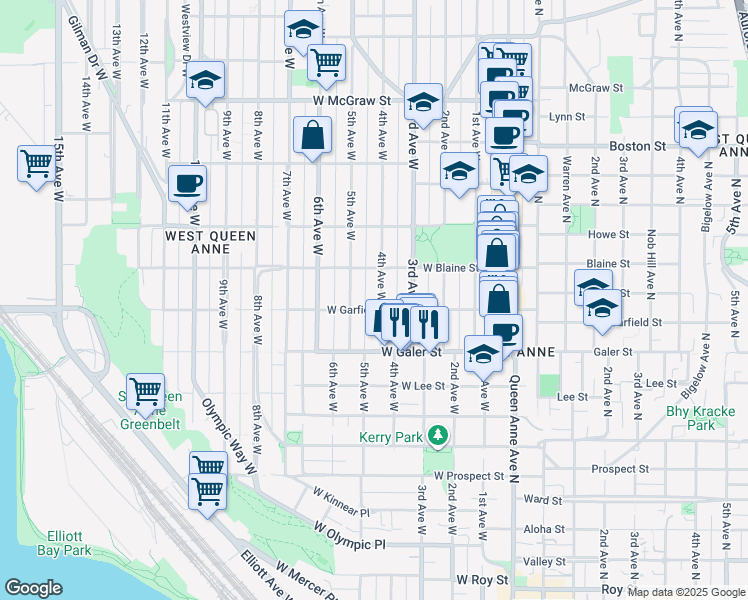 map of restaurants, bars, coffee shops, grocery stores, and more near 400 West Garfield Street in Seattle