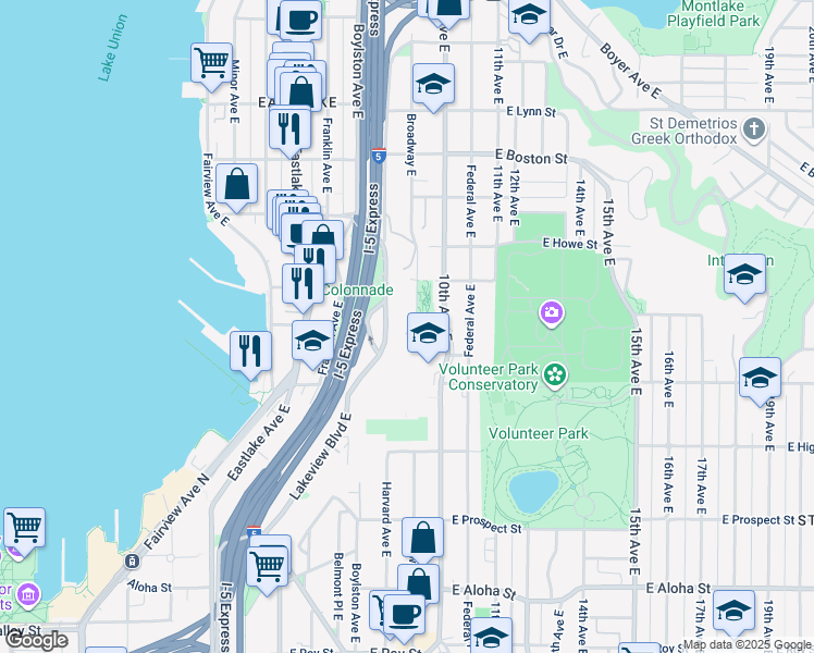 map of restaurants, bars, coffee shops, grocery stores, and more near in Seattle