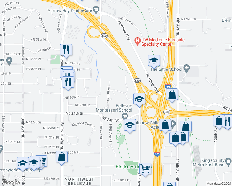 map of restaurants, bars, coffee shops, grocery stores, and more near 10923 Northeast 26th Place in Bellevue