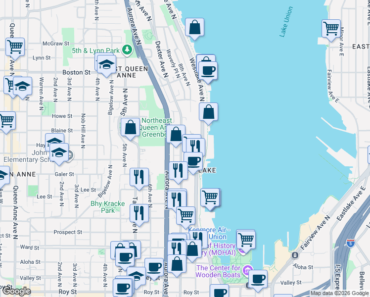 map of restaurants, bars, coffee shops, grocery stores, and more near 762 Hayes Street in Seattle