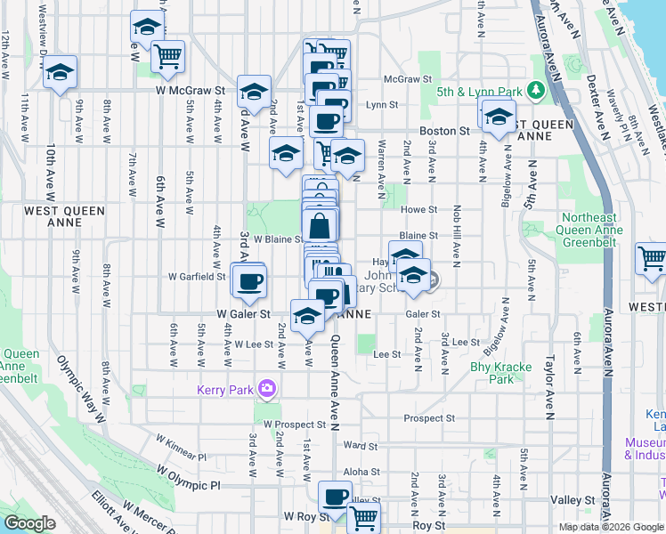map of restaurants, bars, coffee shops, grocery stores, and more near 1600 Queen Anne Avenue North in Seattle
