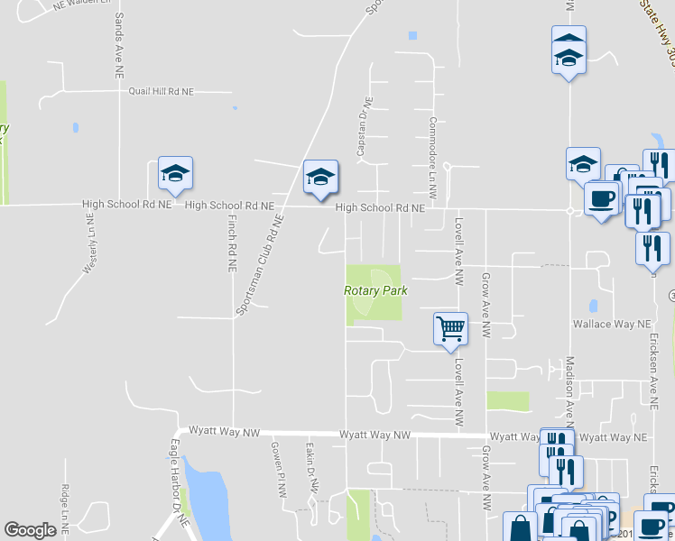 map of restaurants, bars, coffee shops, grocery stores, and more near 7629 Weaver Road Northwest in Bainbridge Island