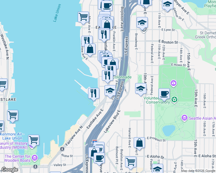 map of restaurants, bars, coffee shops, grocery stores, and more near Eastlake Ave E & E Garfield St in Seattle