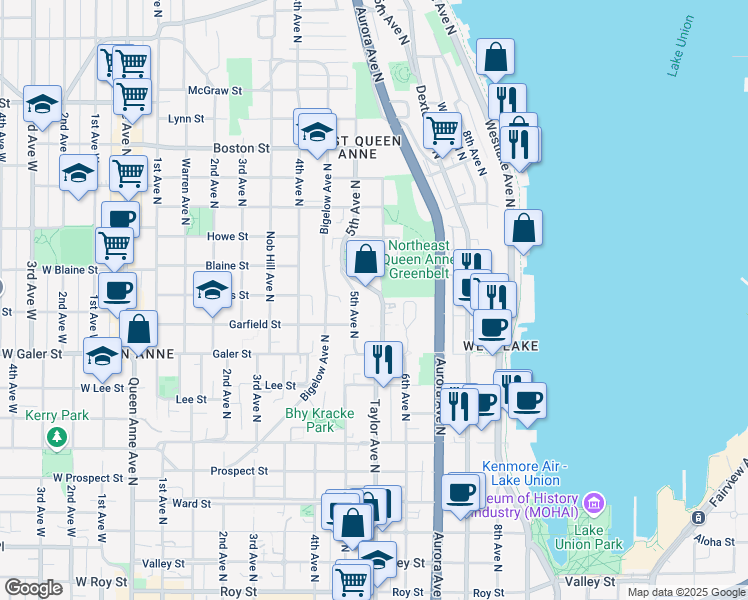 map of restaurants, bars, coffee shops, grocery stores, and more near 1623 Taylor Avenue North in Seattle