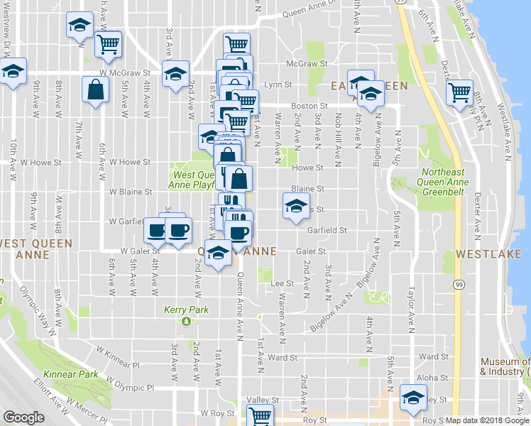 map of restaurants, bars, coffee shops, grocery stores, and more near 107 Hayes Street in Seattle