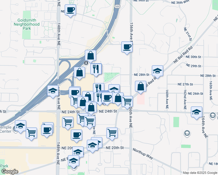 map of restaurants, bars, coffee shops, grocery stores, and more near 15301 Northeast Turing Street in Redmond