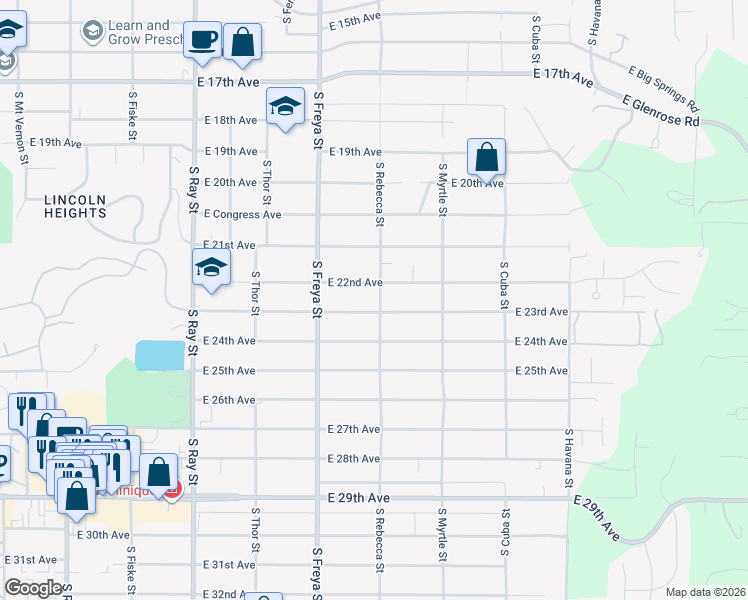 map of restaurants, bars, coffee shops, grocery stores, and more near 2212 South Rebecca Street in Spokane