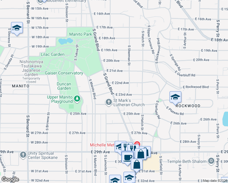 map of restaurants, bars, coffee shops, grocery stores, and more near 2223 South Grand Boulevard in Spokane