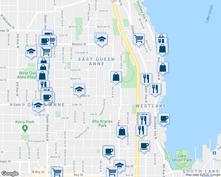 map of restaurants, bars, coffee shops, grocery stores, and more near 1623 5th Avenue North in Seattle