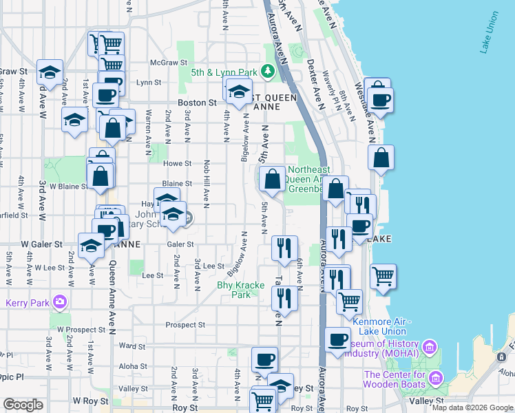 map of restaurants, bars, coffee shops, grocery stores, and more near in Seattle