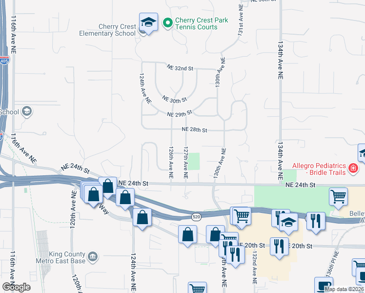 map of restaurants, bars, coffee shops, grocery stores, and more near 2613 127th Avenue Northeast in Bellevue
